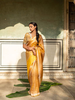 PRIYANKA RAAJIV - Illaria - Yellow Brocade, Silk Tissue Saree with Unstitched Blouse