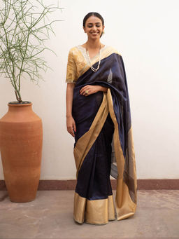 PRIYANKA RAAJIV - Lopa Navy Blue - Blue and Gold Silk Chanderi Saree with Unstitched Blouse