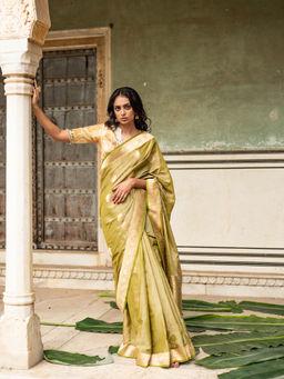 PRIYANKA RAAJIV - Rena Green - Olive Green Silk Banarasi Saree with Unstitched Blouse