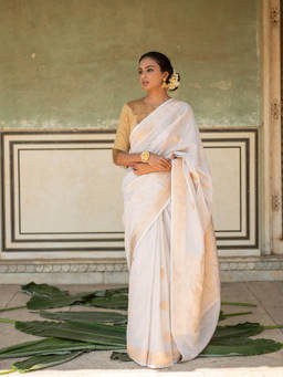 PRIYANKA RAAJIV - Rena Ivory - Ivory Silk Banarasi Saree with Unstitched Blouse