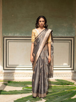 PRIYANKA RAAJIV - Rena - Charcoal Grey Banarasi Saree with Unstitched Blouse