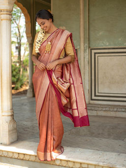 PRIYANKA RAAJIV - Zuri - Burgundy Textured, Silk Banarasi Saree with Unstitched Blouse