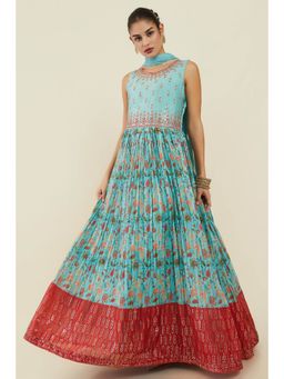 Soch - Womens Blue Cotton Sleeveless Anarkali With Printed Designs And Embroidery (Set of 3)
