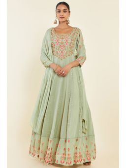 Soch - Women Green Georgette Embroidered Anarkali With Churidar And Dupatta (Set of 3)