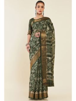 Soch - Women Olive Chanderi Printed Saree with Unstitched Blouse