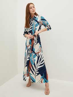 LC WAIKIKI - Shirt Collar Patterned Long Sleeve Waist Belted Viscose Womens Dress