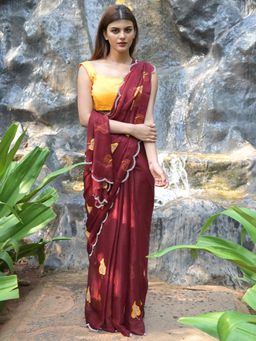 Odette - Maroon Embroidered Chiffon Silk Saree with Unstitched Blouse for Women