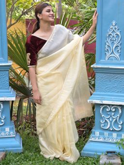 Odette - Cream Lace Embroidered Crush Tissue Silk Saree with Unstitched Blouse