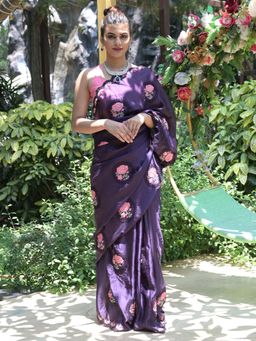 Odette - Purple Floral Embroidered Georgette Saree with Unstitched Blouse for Women