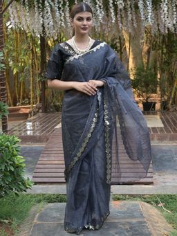 Odette - Black Beads Embroidered Organza Saree with Unstitched Blouse for Women