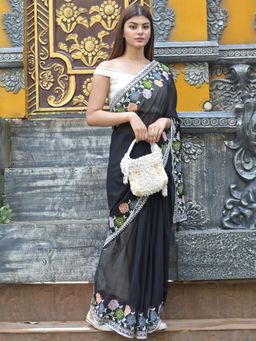 Odette - Black Embroidered Georgette Saree with Unstitched Blouse for Women