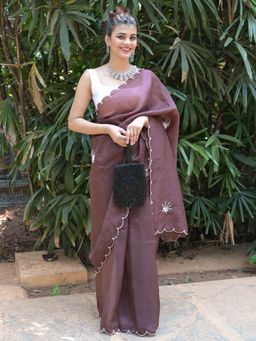 Odette - Brown Beads Embroidered Khadi Organza Saree with Unstitched Blouse for Women