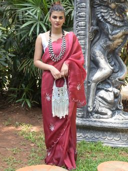 Odette - Maroon Beads Embroidered Khadi Organza Saree with Unstitched Blouse for Women