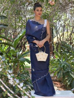 Odette - Navy Blue Beads Embroidered Khadi Organza Saree with Unstitched Blouse