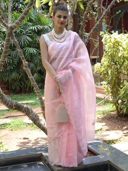 Odette - Peach Beads Embroidered Khadi Organza Saree with Unstitched Blouse for Women