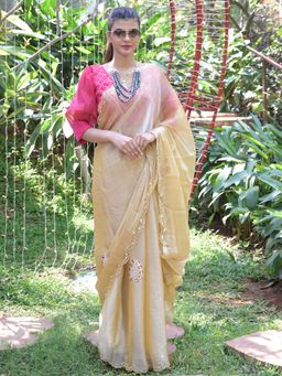 Odette - Beige Mirror Work Embroidered Jimmy Choo Saree with Unstitched Blouse