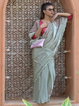 Odette - Light Green Mirror Work Embroidered Jimmy Choo Saree with Unstitched Blouse