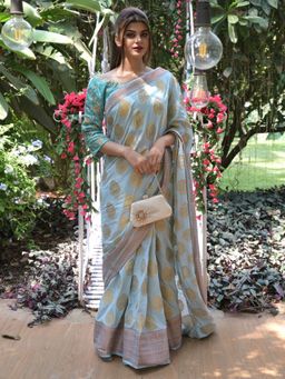 Odette - Light Blue Woven Soft Silk Saree with Unstitched Blouse for Women