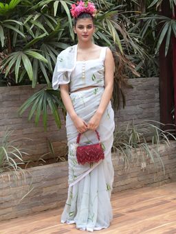 Odette - Grey Printed Chiffon Saree with Unstitched Blouse for Women