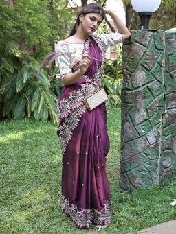 Odette - Purple Embroidered Satin Georgette Saree with Unstitched Blouse for Women