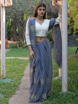 Odette - Grey Embroidered Simmar Saree with Unstitched Blouse for Women