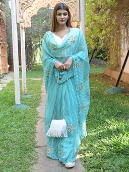 Odette - Light Blue Embroidered Simmar Saree with Unstitched Blouse for Women