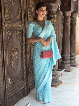 Odette - Light Blue Sequins Embroidered Georgette Saree with Unstitched Blouse