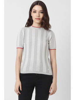 Van Heusen - Women Grey Stripe Formal Round Neck Top