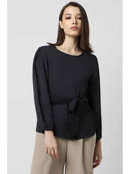 Van Heusen - Women Black Solid Formal Round Neck Top
