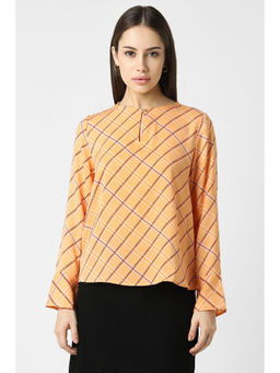 Van Heusen - Women Orange Check Formal Keyhole Neck Top