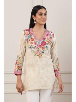 Biba - Women Beige Cotton Straight Tunic