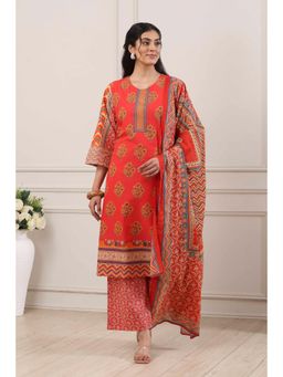 Biba - Women Red Cotton Straight Kurta With Palazzo & Dupatta