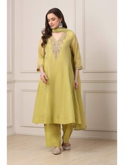Biba - Women Olive Poly Chanderi Kalidar Kurta With Palazzo & Dupatta