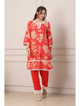 Biba - Women Red Viscose Rayon Straight Kurta With Pant