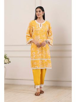 Biba - Women Yellow Viscose Rayon Straight Kurta With Pant