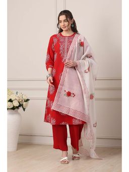 Biba - Women Red Cotton Straight Kurta With Palazzo & Dupatta