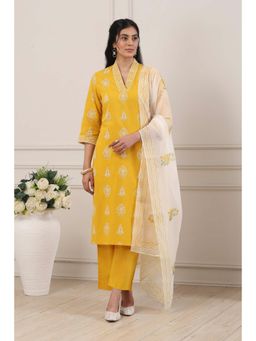 Biba - Women Yellow Cotton Straight Kurta With Palazzo & Dupatta