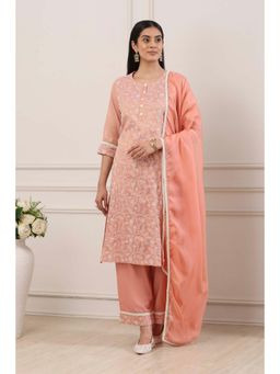 Biba - Women Peach Zari Cotton Tissue Straight Kurta With Palazzo & Dupatta