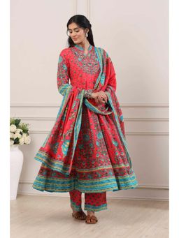 Biba - Women Red Cotton Kalidar Kurta With Palazzo & Dupatta