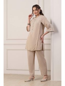 Biba - Women Beige Cotton Straight Kurta With Pant