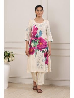 Biba - Women Neutral Viscose Muslin Straight Kurta With Palazzo