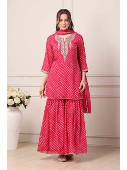 Biba - Women Pink Poly Chinnon Straight Kurti With Sharara & Dupatta