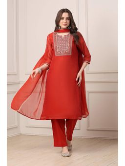 Biba - Women Red Poly Chanderi Straight Kurta With Pant & Dupatta