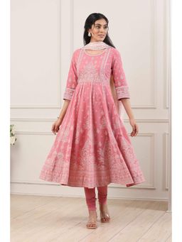 Biba - Women Pink Cotton Anarkali Kurta With Churidar & Dupatta