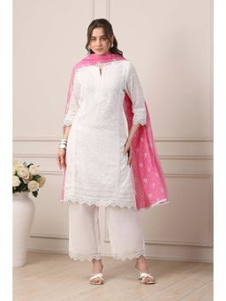 Biba - Women White Cotton Straight Kurta With Palazzo & Dupatta