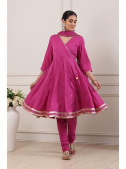 Biba - Women Maroon Cotton Kalidar Angarkha Kurta With Churidar & Dupatta