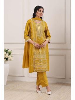 Biba - Women Mustard Satori Silk Straight Kurta With Pant & Dupatta