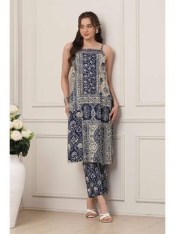 Biba - Women Navy Blue Cotton Straight Kurta With Pant