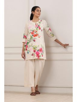 Biba - Women Beige Cotton Straight Kurti With Inner & Palazzo