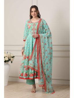Biba - Women Turquoise Cotton Kalidar Kurta With Palazzo & Dupatta